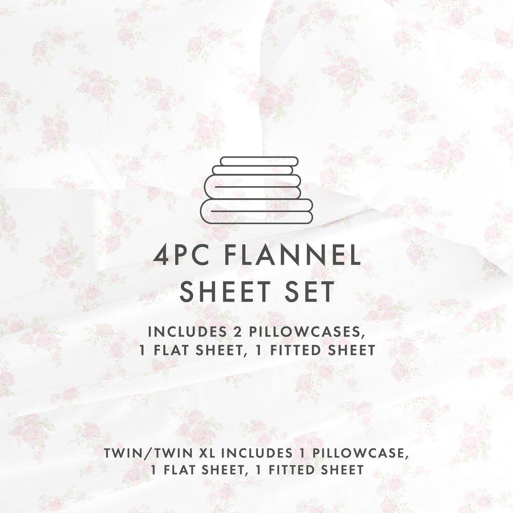 Becky Cameron Premium 4 Piece Pink Rose Bunch Flannel Full Sheet Set