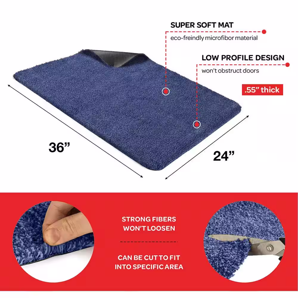 Kaluns Solid Front Doormat, Super Absorbent. 24 in X 36 in (Blue)