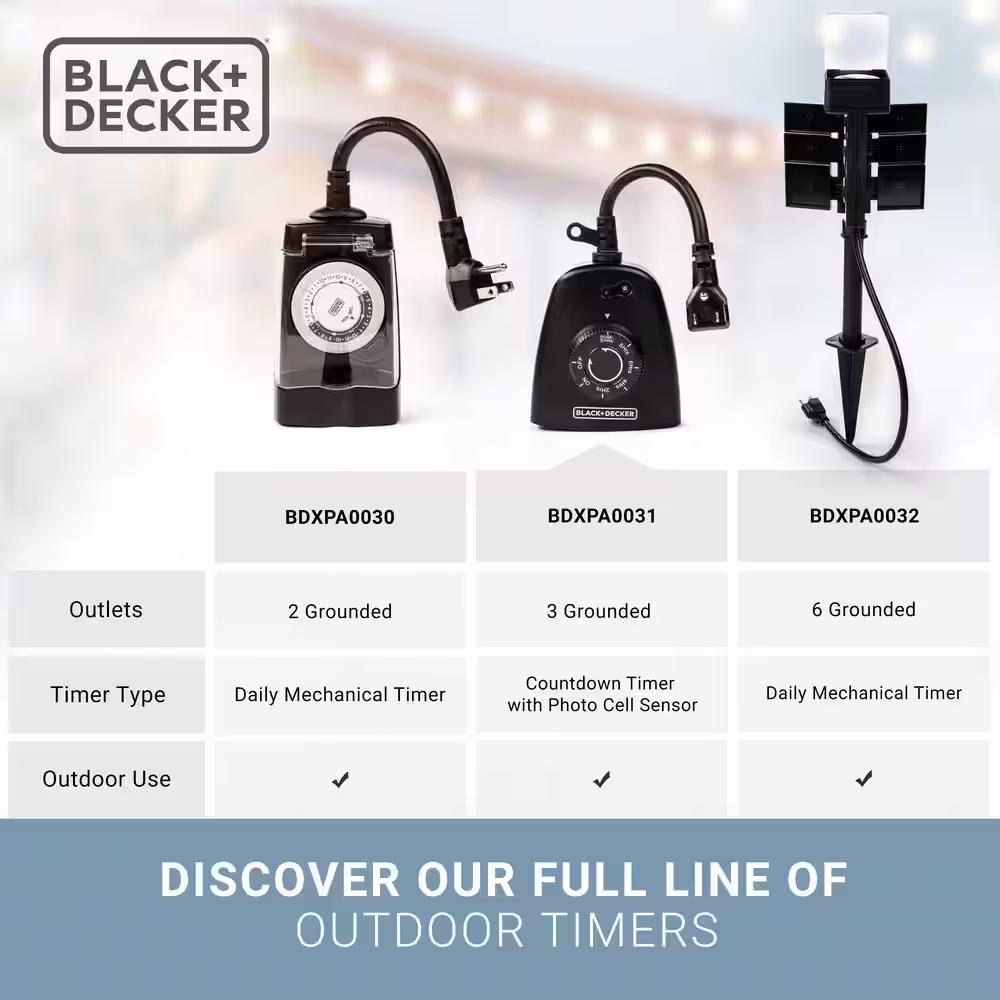 BLACK+DECKER Outdoor 3 Grounded Outlets Timer with Waterproof Outlet and Countdown