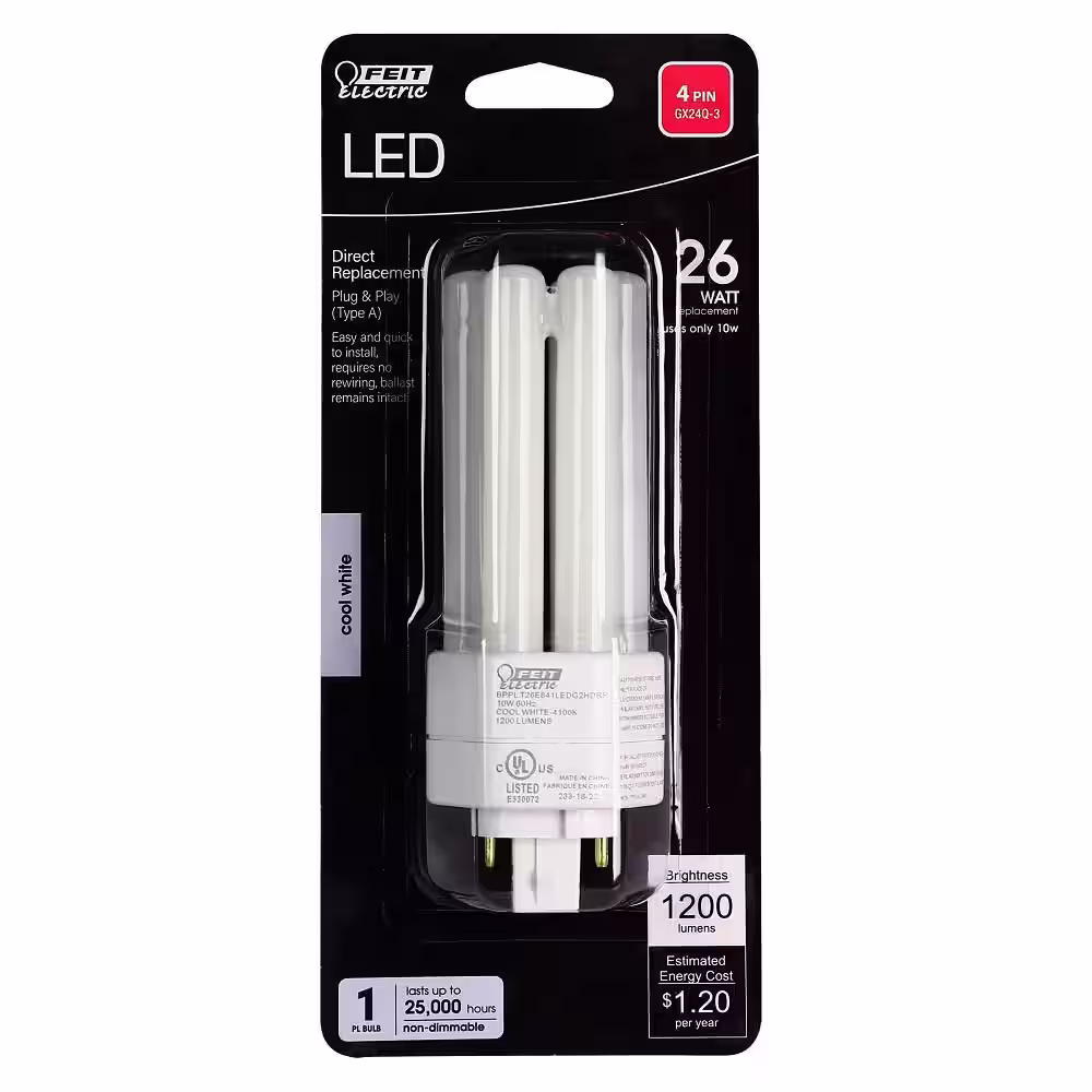 Feit Electric 26-Watt Equivalent PL Tritube CFLNI 4-Pin Plug-In GX24Q-3 Base CFL Replacement LED Light Bulb, Cool White 4100K (1-Bulb)