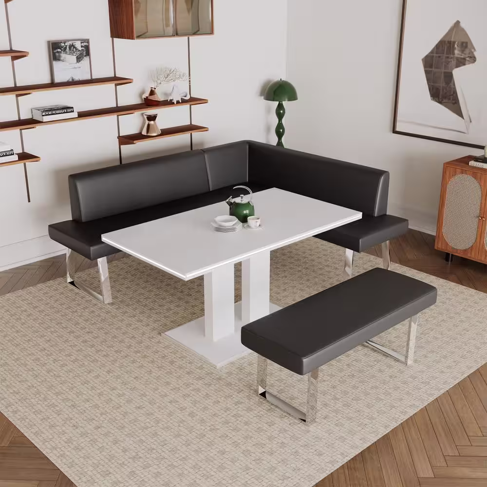 GOJANE 3-Piece White Dining Table Set 59 in. Rectangle Table, 1  L-Shaped Black Bench and 1 Black Bench