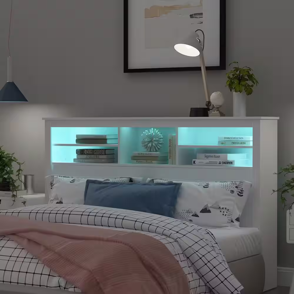None White Full Queen Wood Headboard Shelf with Socket Adapter USB Interface, Shelves and LED Lights