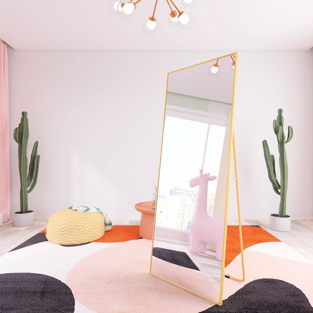 None 24 in. W x 65 in. H Gold Full Length Mirror, Aluminum Alloy Frame Floor Mirror, Free Standing or Wall Mounted